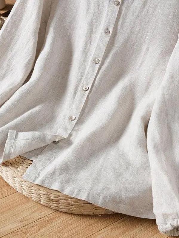 Women's Cotton Linen Ruffled Stand Collar Long Sleeve Retro Cardigan Shirt - Simple, Artistic Style