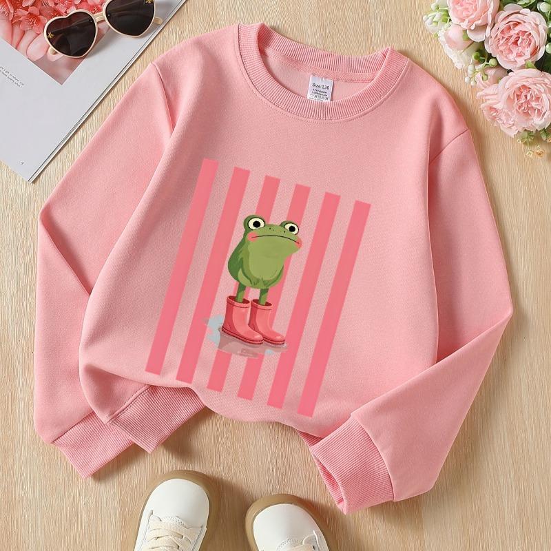 Kids Crewneck Sweatshirt, Frog in Pink Boots & Striped Background Print, Soft Casual Pullover for Fall Winter