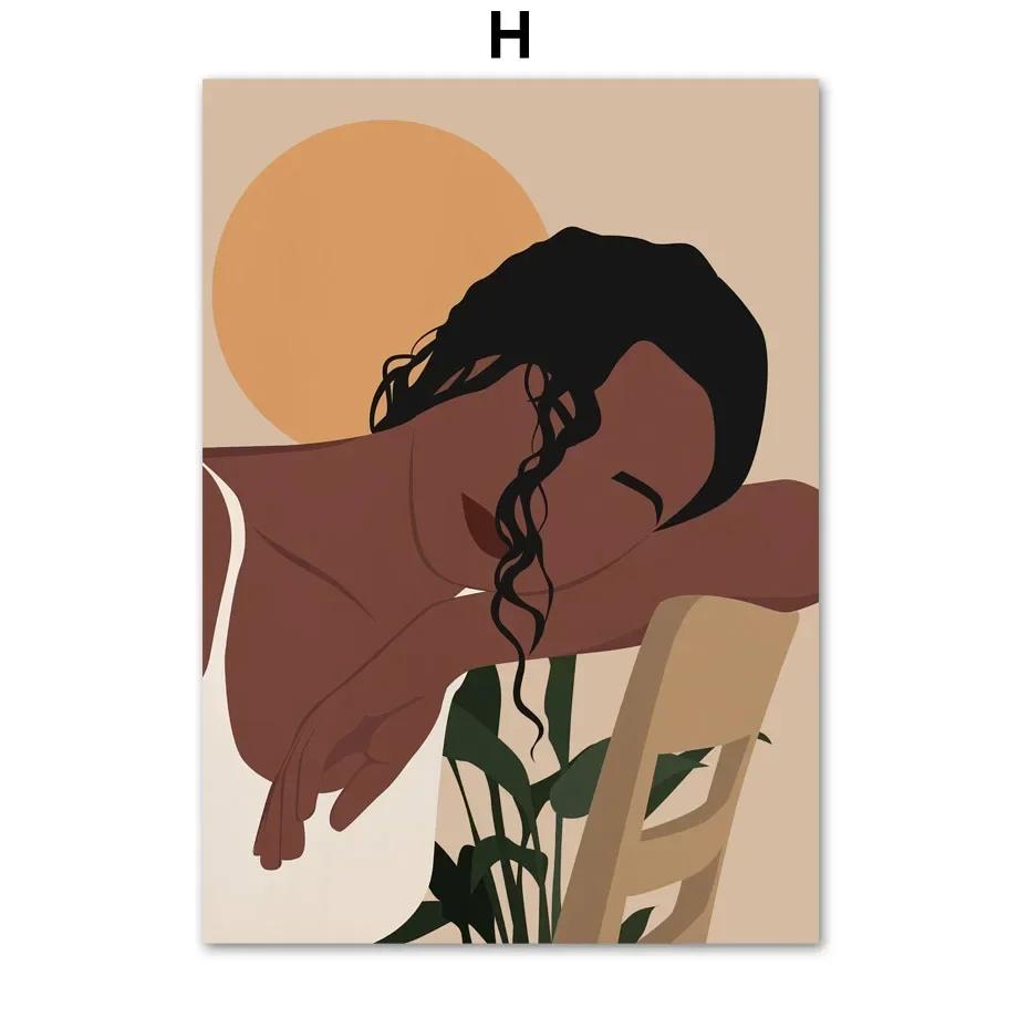 Elegant Abstract African Girl Wall Art with Sun  Coffee  HD Canvas Print Poster for Living Room  Bedroom Decor