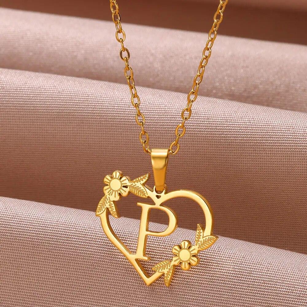 Zlatá farba Jemný kvetinový náhrdelník s iniciálami pre ženy a dievčatá z nehrdzavejúcej ocele Srdiečko s písmenom Choker náhrdelník Najlepšie darčeky Abecedné šperky