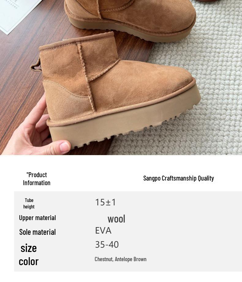 Women's Thick-Soled Snow Boots, Leather & Fur, Height-Boosting, Wool-Lined, Short Winter Boots.