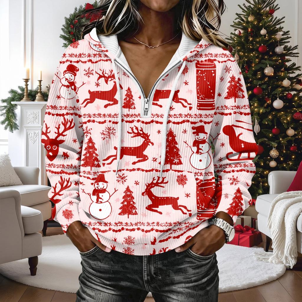 Women's Long Sleeve Christmas Print Hoodie Pullover Top with