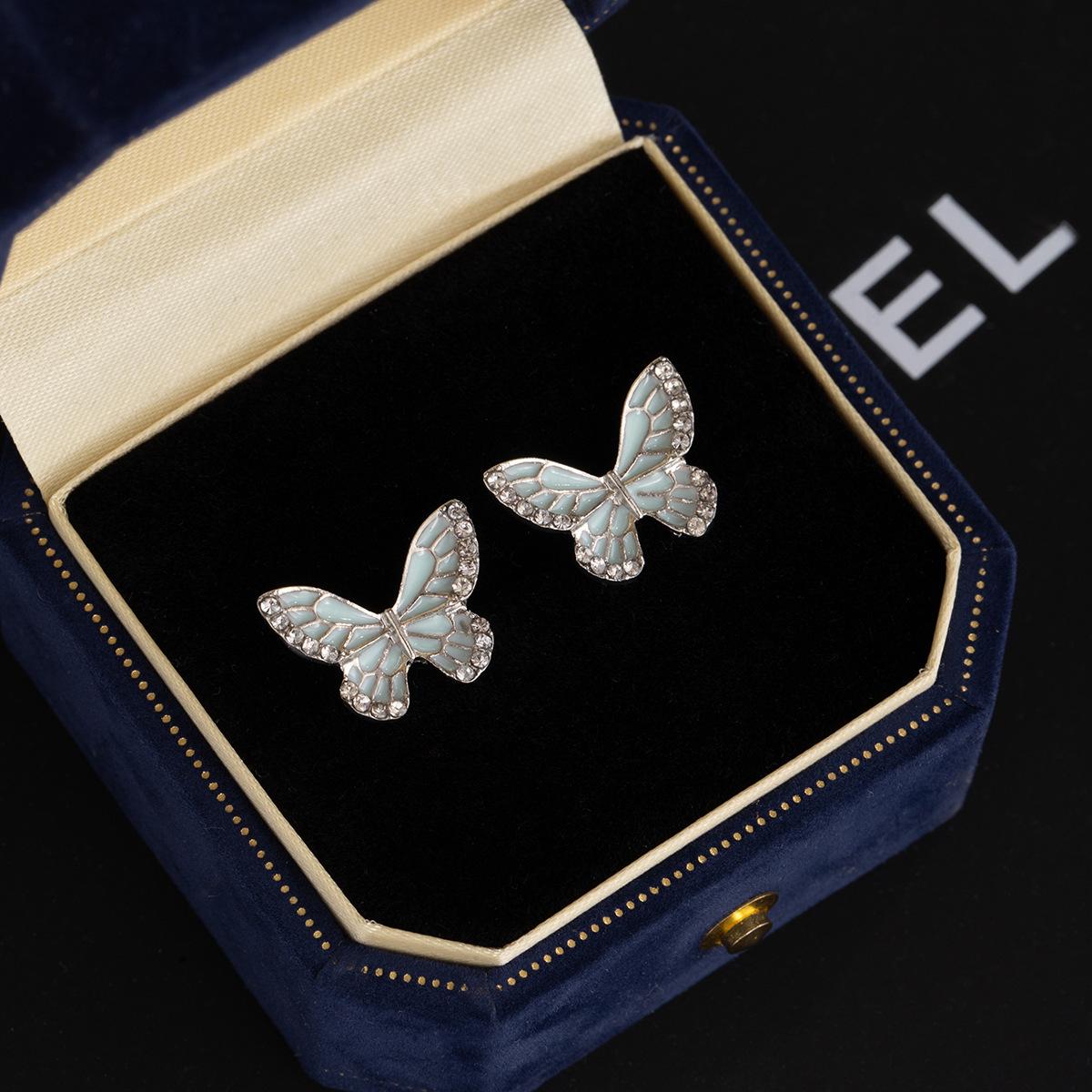 Korean Style Blue Enamel Butterfly Tassel Earrings with Rhinestones