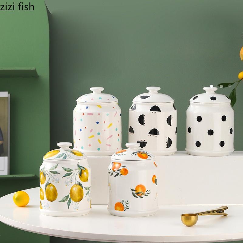 Lemon Patterned Ceramic Storage Jar Tea Caddy Large Storage Bottle Coffee Bean Can Snack Can Candy Jar Food Containers Organizer