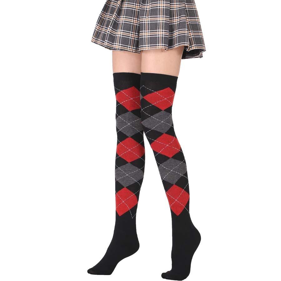 New Vintage Style Women's Socks Diamond Plaid Over Knee Socks Student Casual Stockings Party Dance Socks