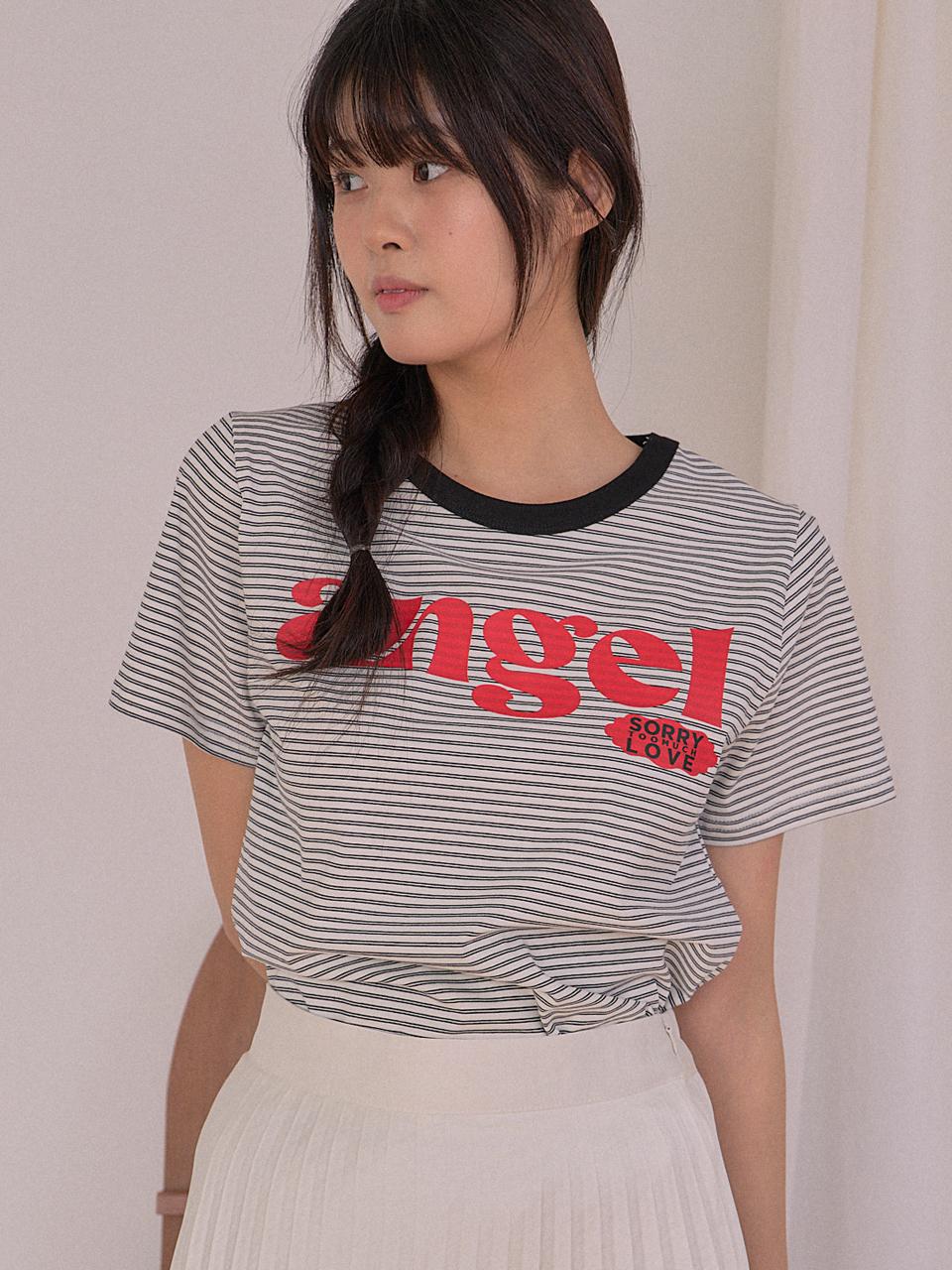 Sorry, Too Much Love Angel Stripe Neck Combo T-Shirt_White White/Free