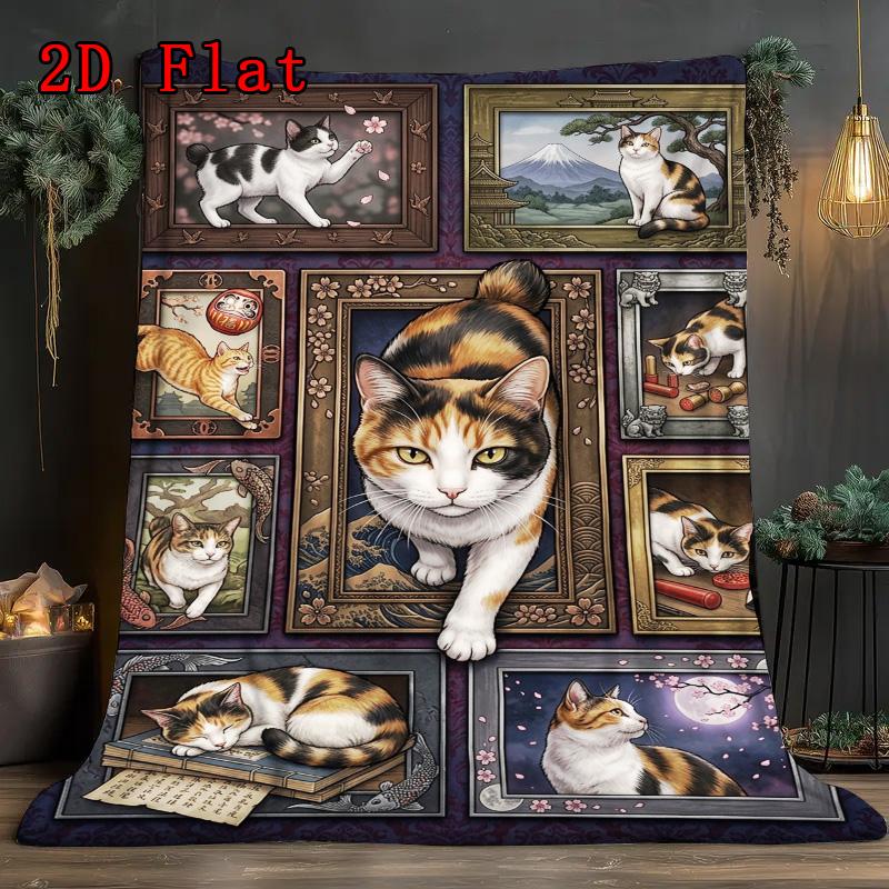 Japanese Cat Portraits 2D Flat Pattern Flannel Blanket, High quality All Seasons, Home Decor, Warmth and Comfort, Perfect for Christmas Gifts.
