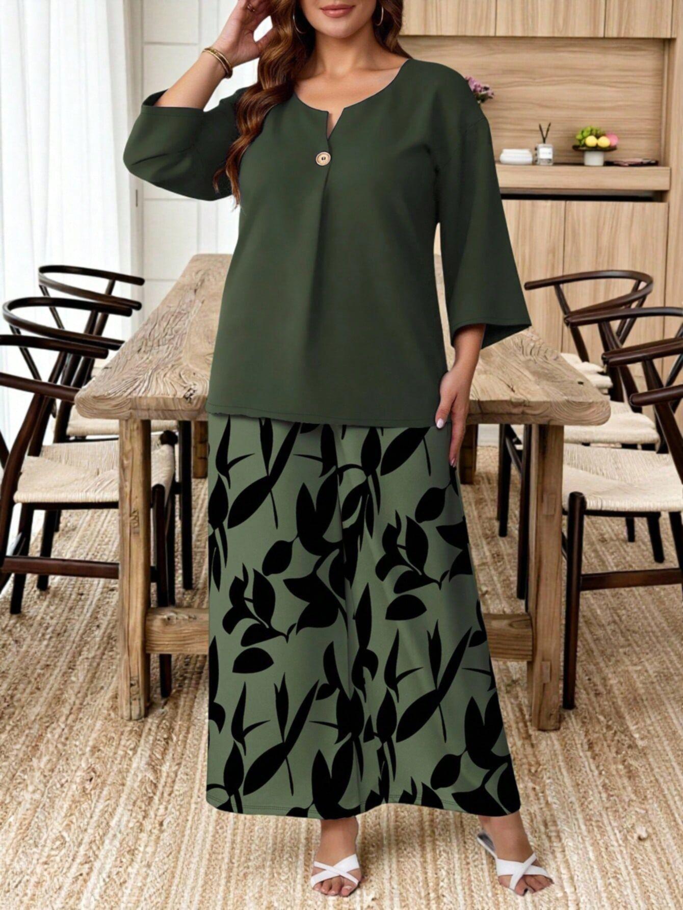 

Women s Fashionable Casual Loose-Fit Three-Quarter Sleeve Top And Pants Set XXXXL зелений