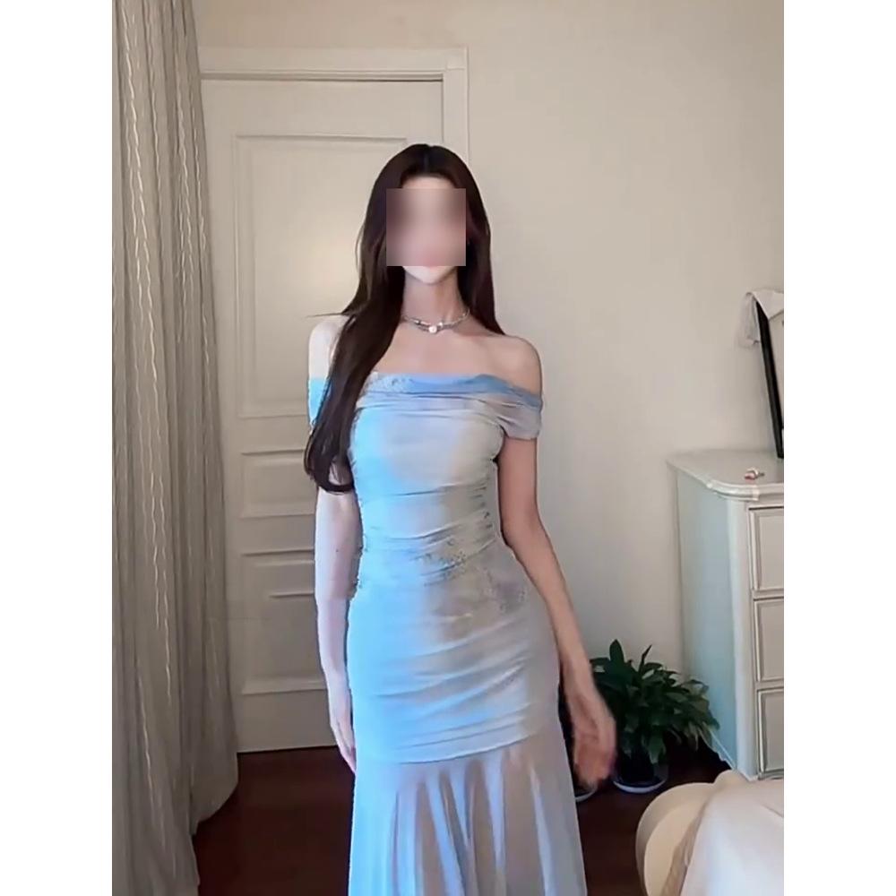 

Темперамент в стиле морского отдыха, косое плечо, повседневная верхняя блузка из тюля, облегающий топ-труба, короткое платье, новое XL- (recommended 110-60kg)