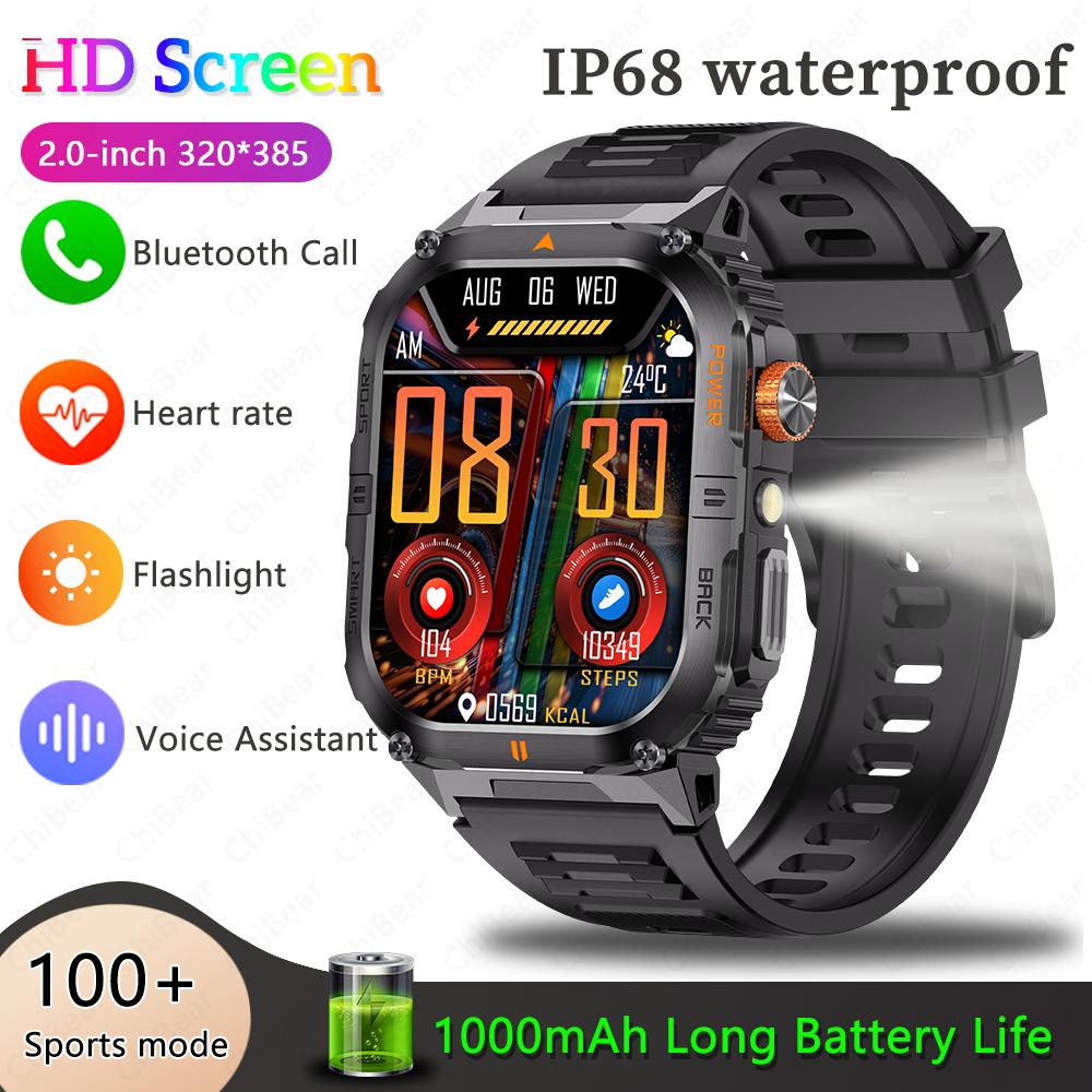 

New Smart Watch Men 1000mAh Large Capacity Battery Outdoor Flashlight Bluetooth Call Waterproof Sport Fitness Smartwatch