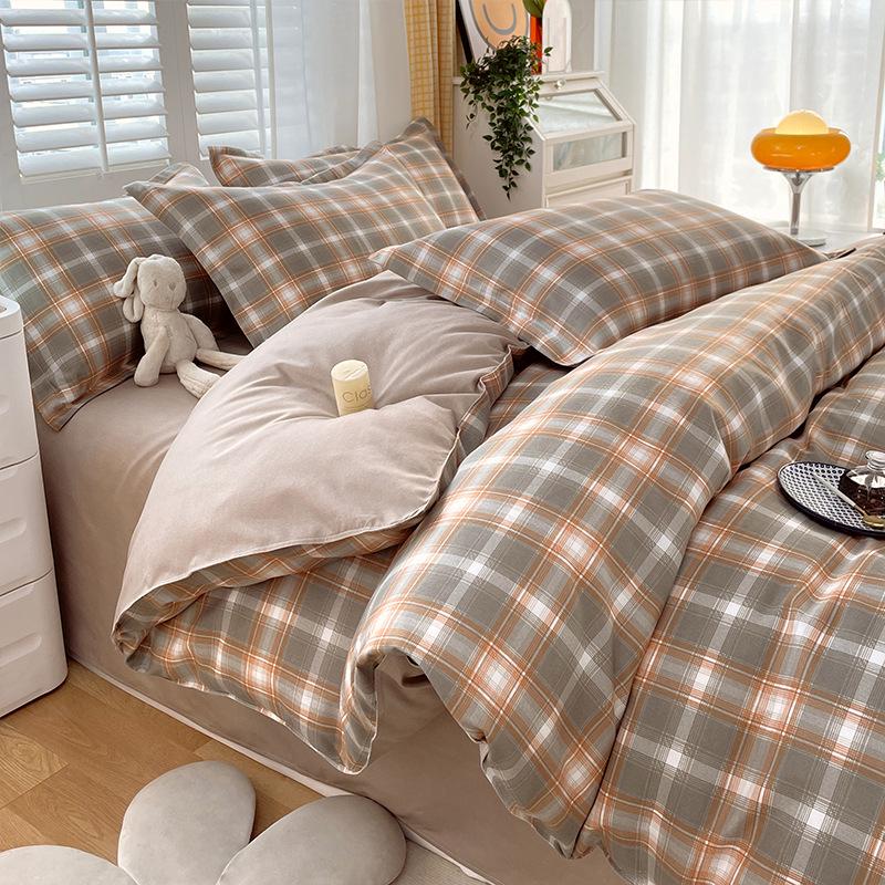 

Постільна білизна Muji з японської прасованої бавовняної фланелі в клітинку - 4 предмети, Хороша якість, Стиль студентського гуртожитку 0.9m Fitted Sheet Set 3pcs (150x200 Duvet)