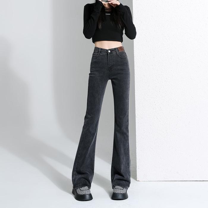 Women's High-Waisted Slim-Fit Fleece-Lined Micro-Flare Jeans for Autumn and Winter