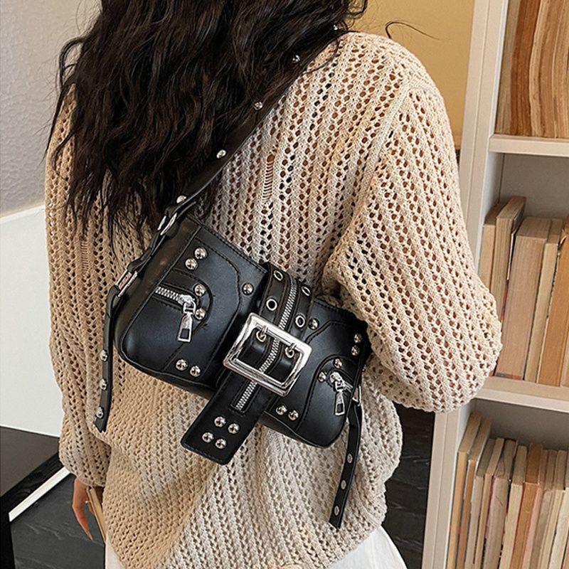 Yogodlns Borse a Spalla da Donna in PU Stile Punk con Borchie Moda Retro Y2k Stampa Leopardo Borsa Sottobraccio da Donna Design Raffinato con Cintura Borse Cool per Ragazze