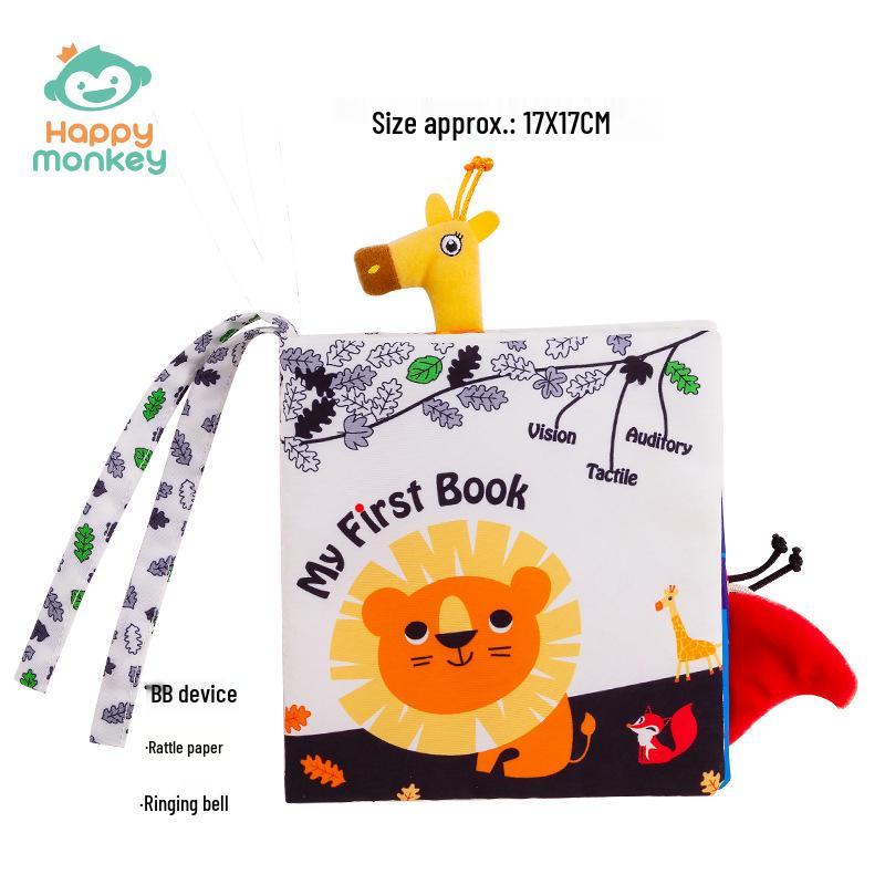 Happy Monkey 3D Black & White Tail Cloth Book: Tear-proof Early Education Toy for Infants & Toddlers.