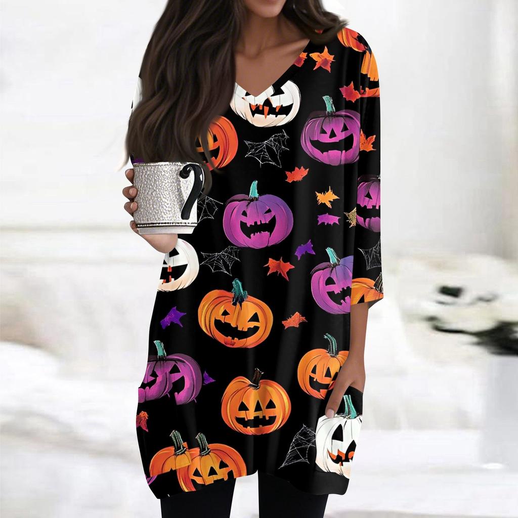 Womens Tops V-neck 3/4 Sleeve Blouses Casual Mid-length Shirts Fashion Halloween Print Tunic Tops With Pockets