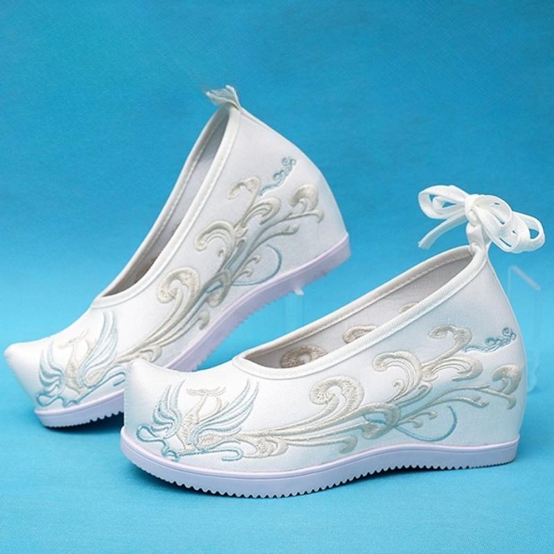Hanfu Women's Shoes Ancient Dress Embroidery Slope Heel Bow Inner Height Spring Single Shoes
