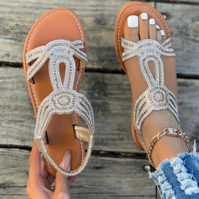2025 High Quality Women's Shoes Elastic Band Women's Sandals Fashion Crystal Casual Sandal Swomen Summer Plus Size Flat Sandals
