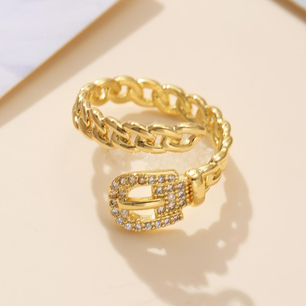 Golden Plated Cuban Link Open Adjustable Ring with Synthetic Zircon Buckle for Women Trendy Statement Jewelry Gift