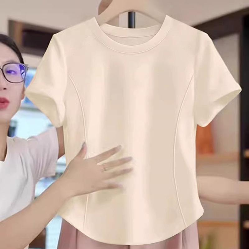 

Женская хлопковая футболка в корейском стиле с изогнутым подолом и линией «рыбий скелет» - Универсальный летний дизайн с коротким рукавом 2XL