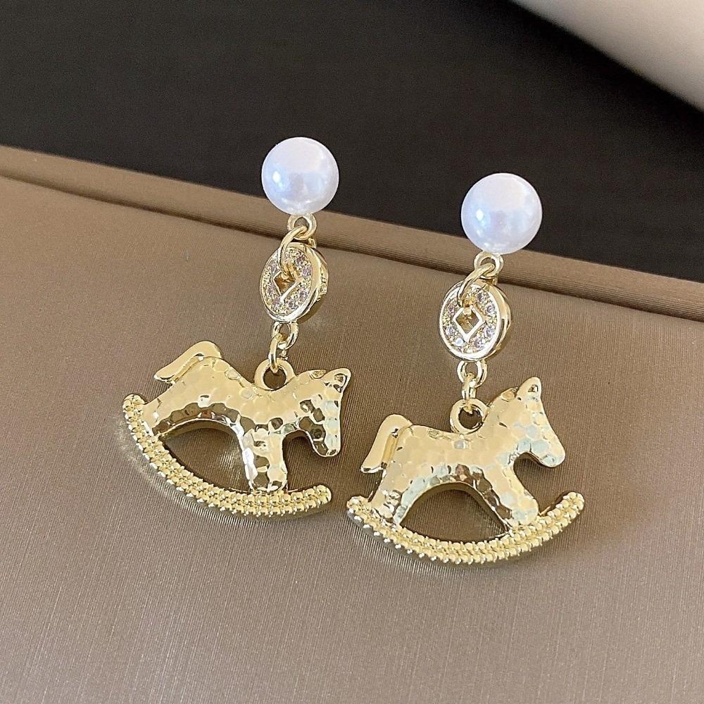 Pearl Zircon Horse Pendant Necklace Fashion Jewelry Trojans Earrings Cute Drop Earrings  For Girl