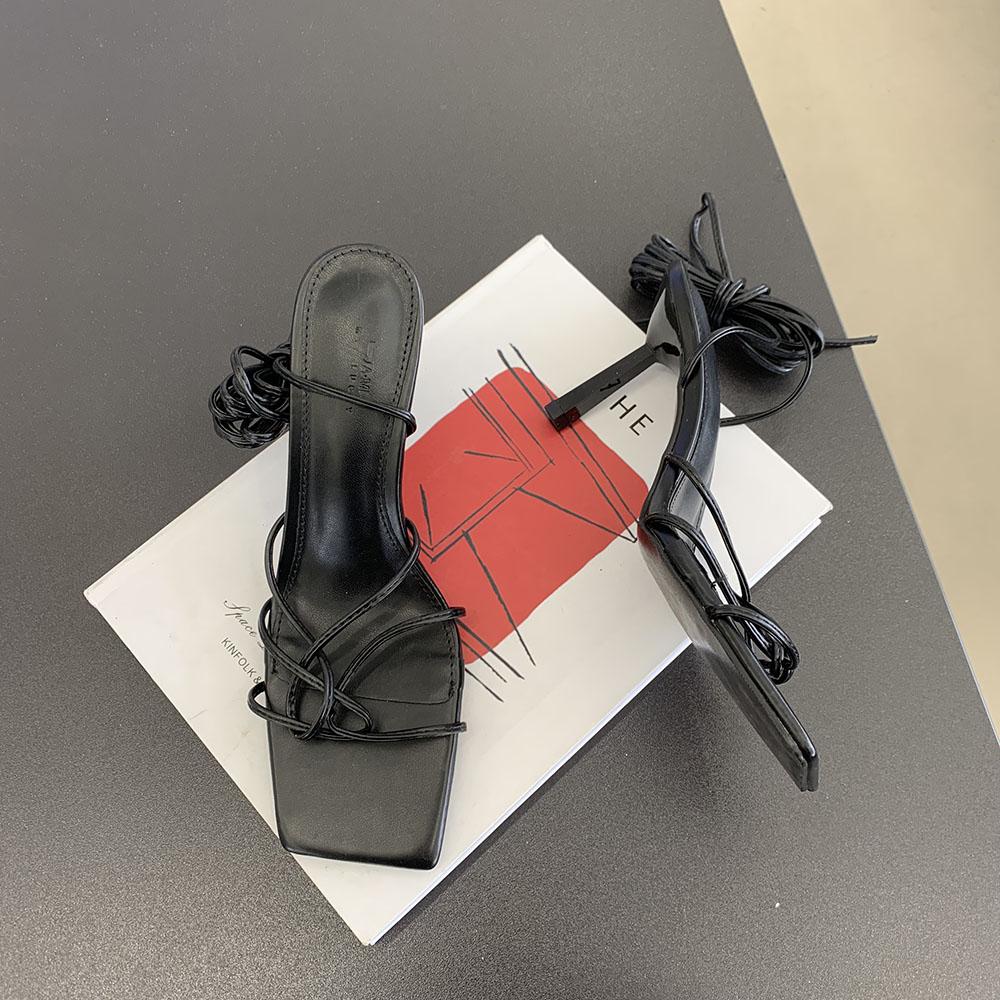 fashion Open Toe Women Sandals Narrow Band Summer Outside Dress Shoes Thin High Heels Black White Purple Cross Ankle Strap Sandals 35-39