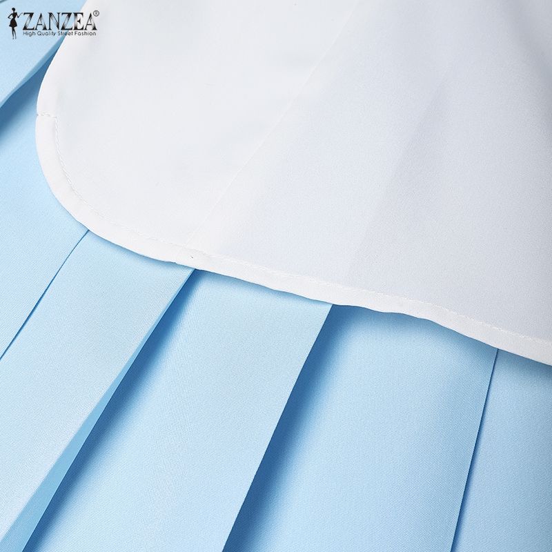 ZANZEA Womens Casual Round Neck Pleated Hem Patchwork Commute Short Sleeve Dress