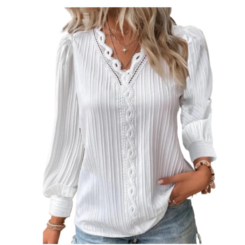 

Женская мягкая рубашка с V-образным вырезом и длинными рукавами из кружева на весну и осень S белый