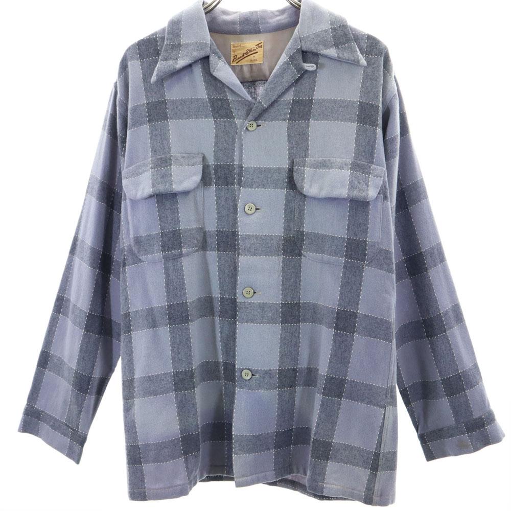 Vintage 50s Open Collar Check Long Sleeve Open Collar Shirt M Gray Men's Used