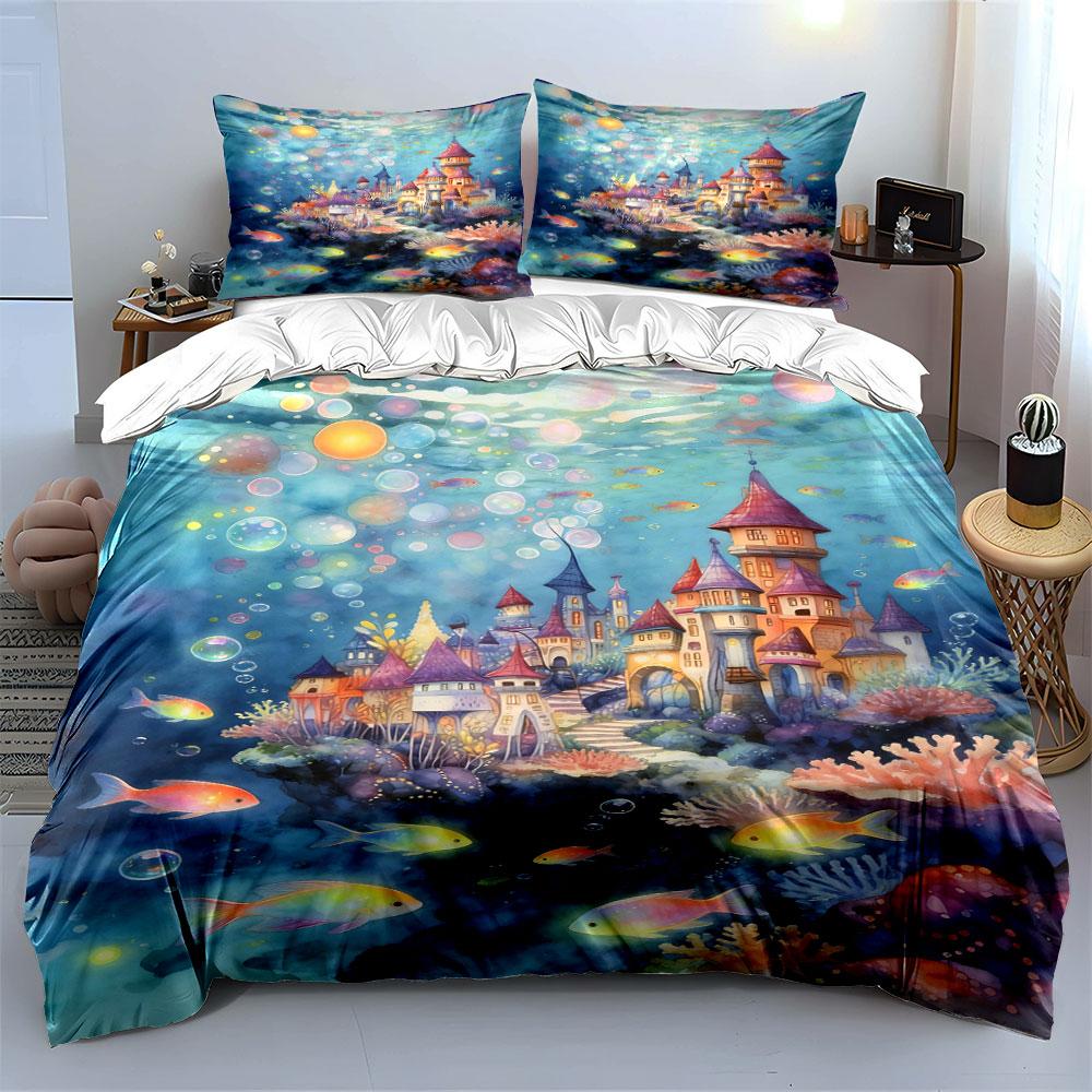 Colorful Underwater Castles Scene. Bedding Sets Duvet Cover Sets Duvet Covers Pillowcases(1 * Duvet Cover 2 * Pillowcases Without Duvet Insert)
