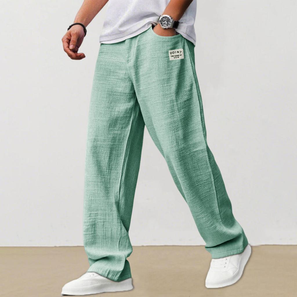 Men's Casual Loose Fit Linen Trousers Lightweight Breathable Straight Leg Pants Elastic Waist Drawstring Design