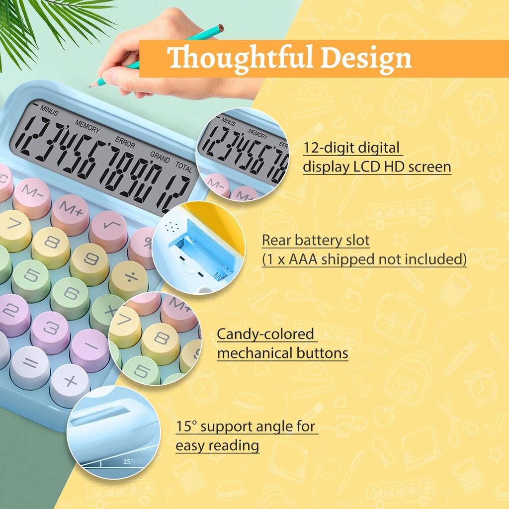 Cute Calculator, Calculator 2 Pieces 4.36.3in Desktop Calculator Large Display and Colorful Calculator Big Buttons, Standard Calculator 12 Digits,