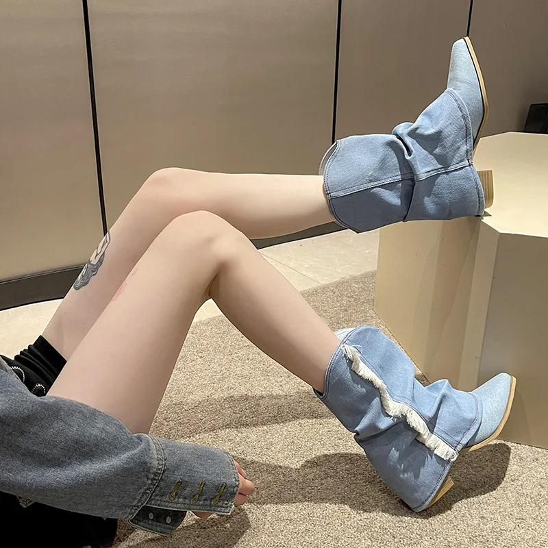 Fashion Pleated Blue Denim Boots Fashionable Women's Chelsea Boots Autumn Winter Mid-heeled Boots 2025 New Women Shoes Botas Altas Mujer