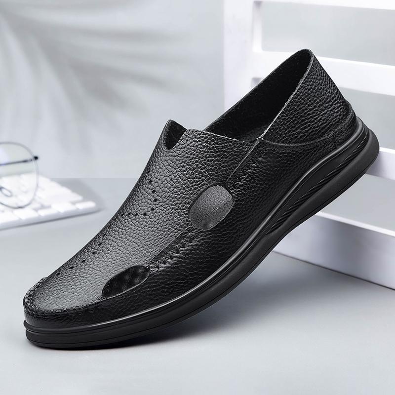 Fashion Summer Classic Black Hollow Out Leather Shoes Breathable and Comfortable Business Daily Hiking Shoes Middle Aged  Casual Shoes