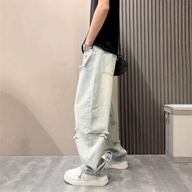 Summer new American trend design sense holes and old loose scimitar men's thin wide-leg ruffian handsome jeans