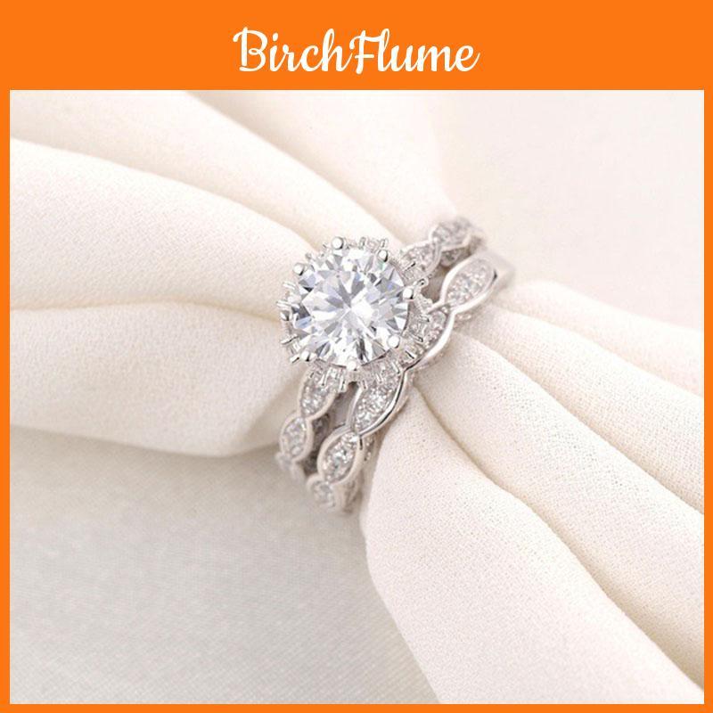 Elegant Antique Style Round White Sapphire Silver Plated Engagement Crown Ring Set