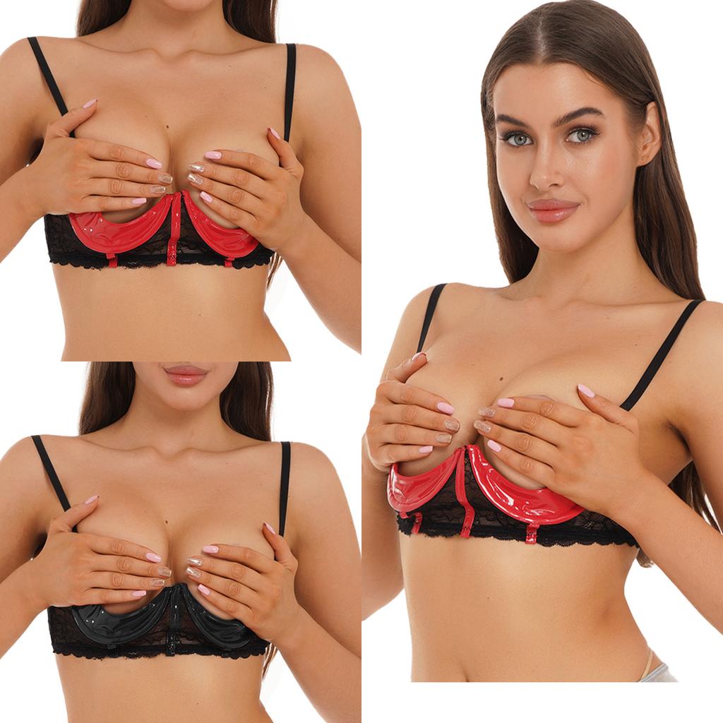 Womens Patent Leather 1/3 Cup Underwired Bra Floral Lace Brassiere Lingerie Underwear Honeymoon Gift