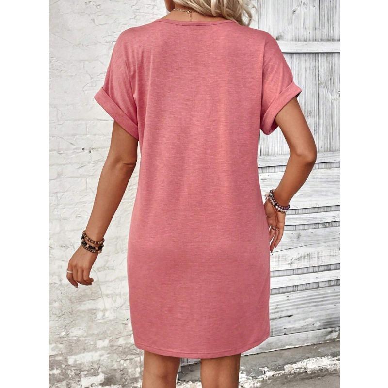 VEZFAA Moda damska Lato Wiosna Jednolity kolor Drukuj Krótki rękaw Dekolt w kształcie litery V Luźna talia Casual Sukienki