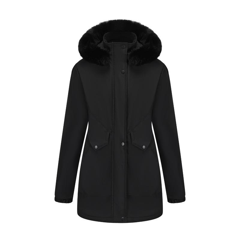 

European size cotton clothes women s winter medium and long pie overcome plush big fur collar plush cotton clothes jacket S чёрный