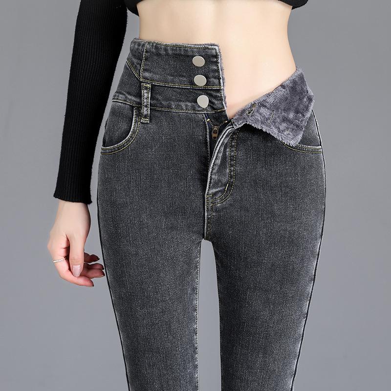 Fleece-Lined High Waist Skinny Jeans: Autumn/Winter Slimming Korean Style Women's Pants