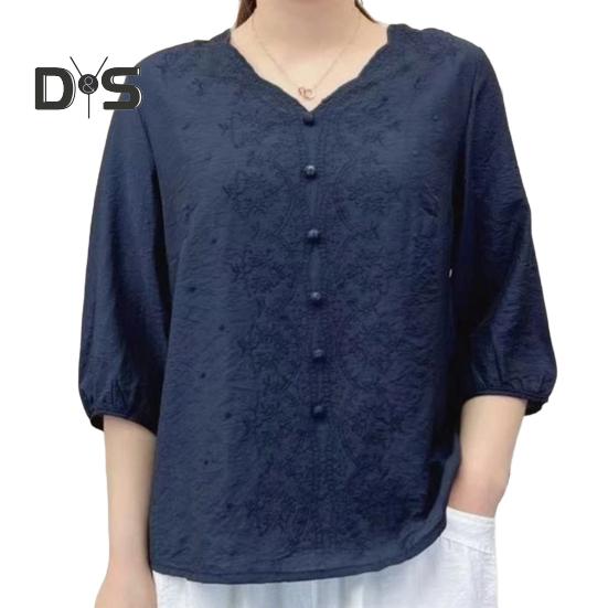 Koszula damska z dekoltem w serek, półrękawem, haftem, kwiatowym wzorem, luźny krój, jednolity kolor, bluzka codzienna