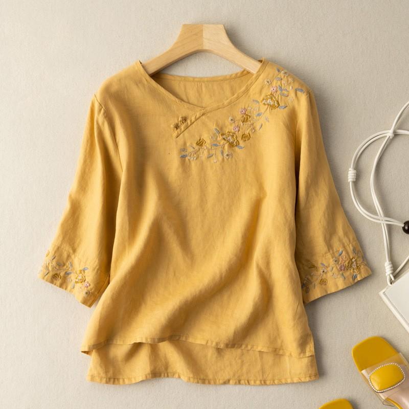Women's Spring/Summer Three-Quarter Sleeve Embroidered Button-Down Blouse: Boho-Chic Retro Cotton-Linen T-Shirt with Embroidery