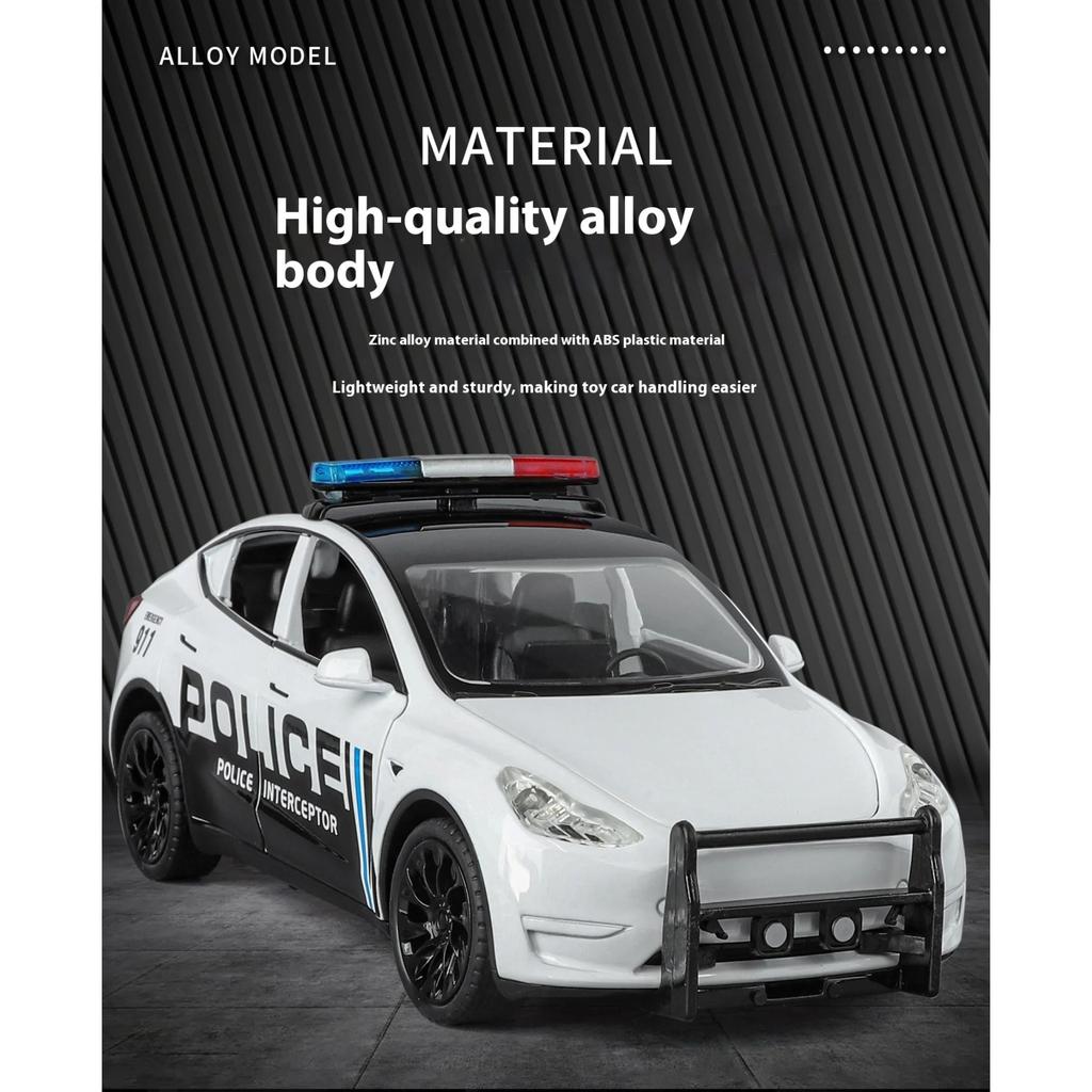 1/24 Metal Die-cast Tesla Armored Police Car Model Simulation Sound and Light Door Can Open Children's Toys Ornaments Birthday Gift