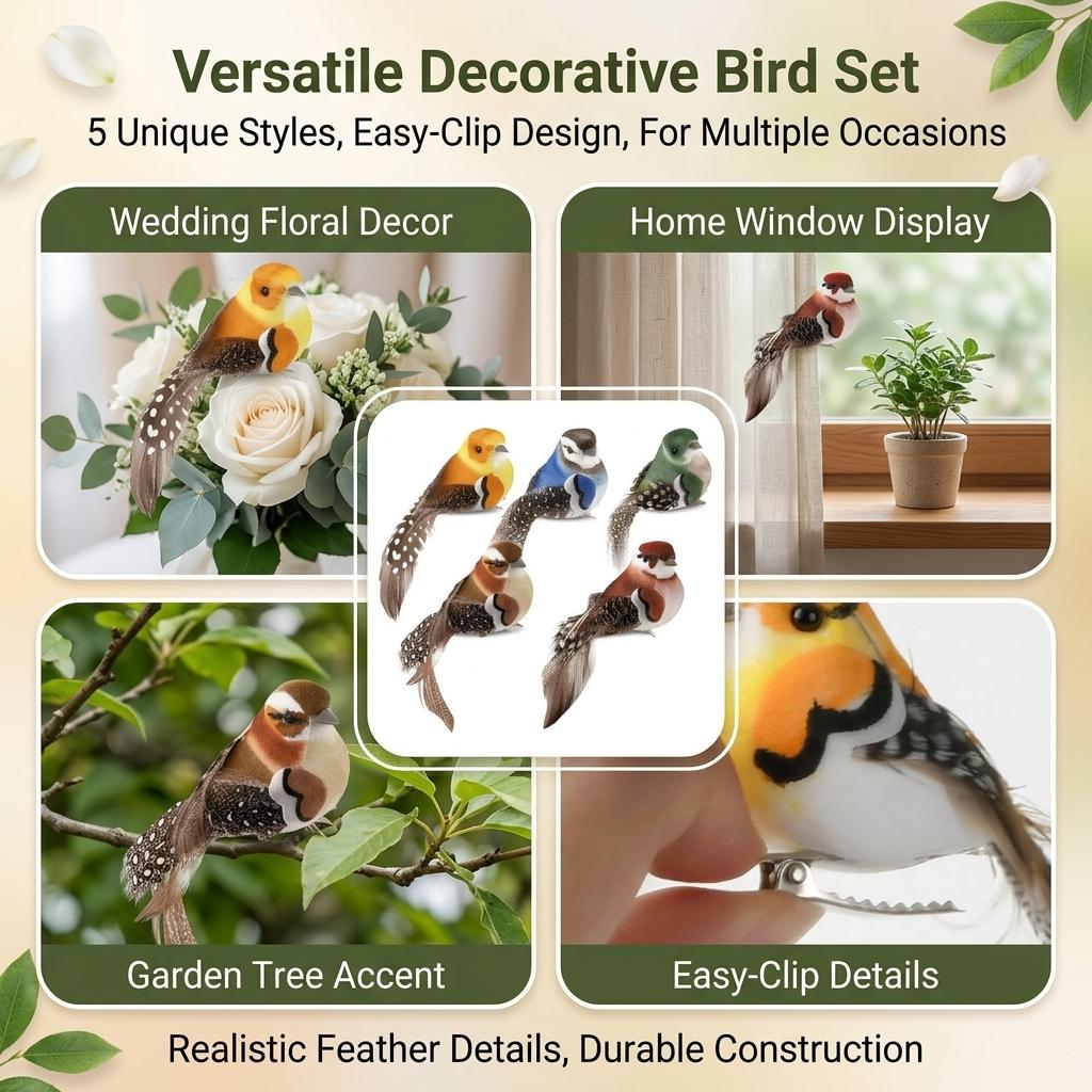 Decorative Artificial Bird Set 10Pcs 5Styles With Clips For Home Wedding Decoration