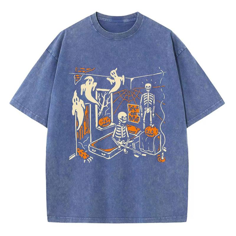 Halloween Pumpkin Print Women's T-Shirt Oversized Round Neck Wash Short Sleeve Y2K Simple Casual Top Festive Fashion