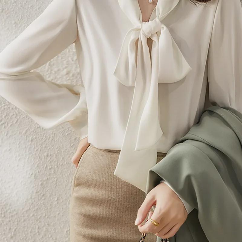 2024 Spring Chic Korean Style Chiffon Blouse with Ribbon Tie