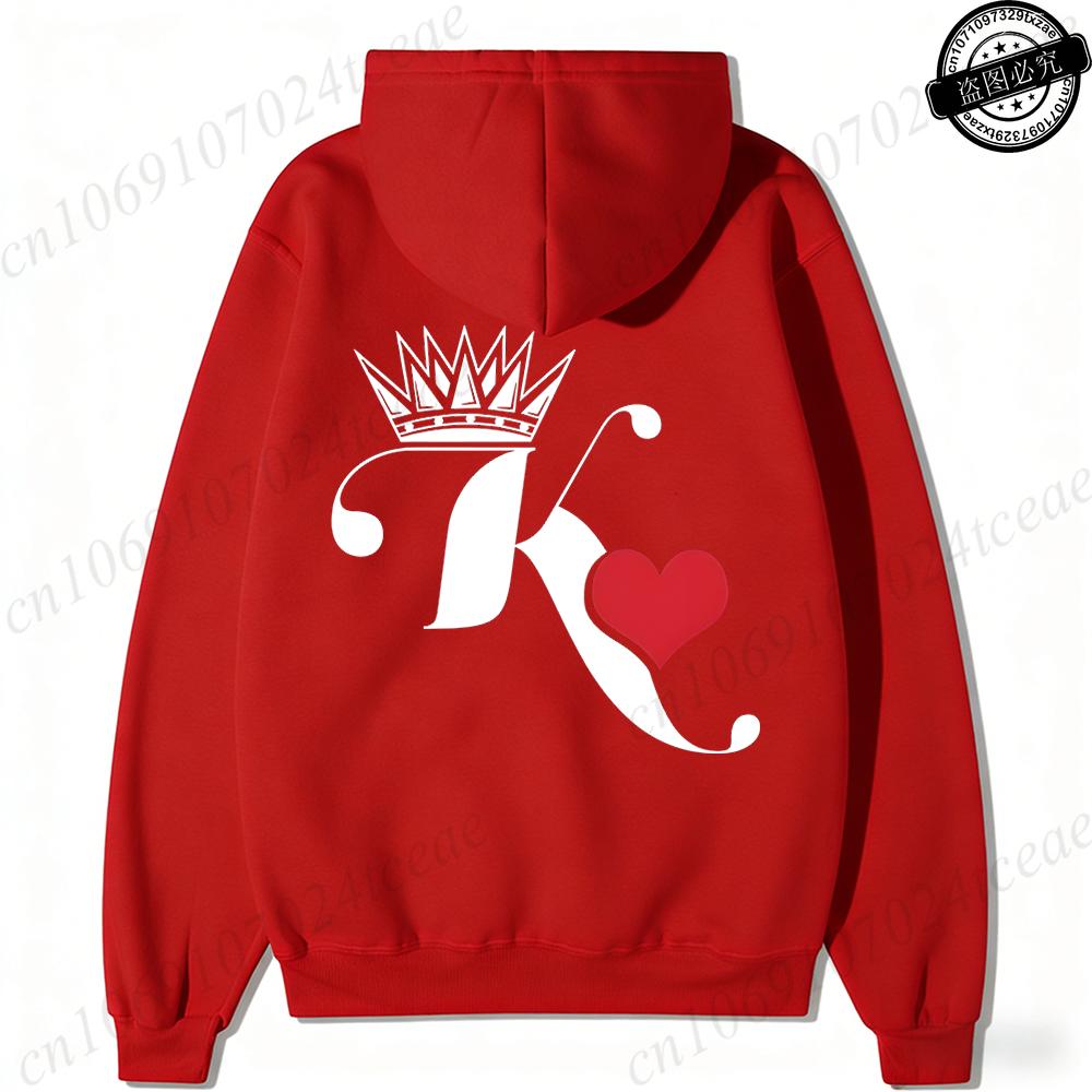 Couple Hoodies Valentines Day Matching Outfits King and Queen Printed Couple Hoodies Boyfriend Girlfriend Fleece Sweatshirts Top