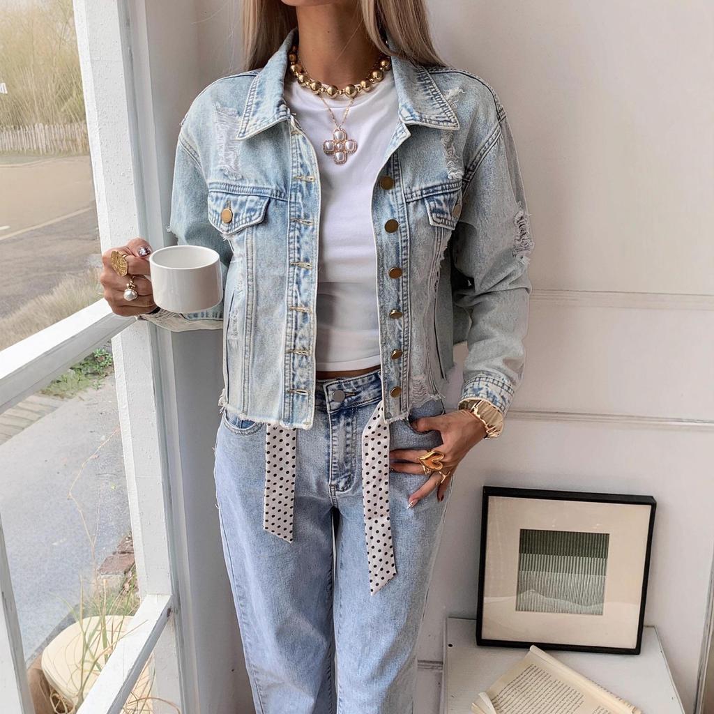2026 Spring/Summer Women's Button Washed Ripped Raw Edge Denim Top