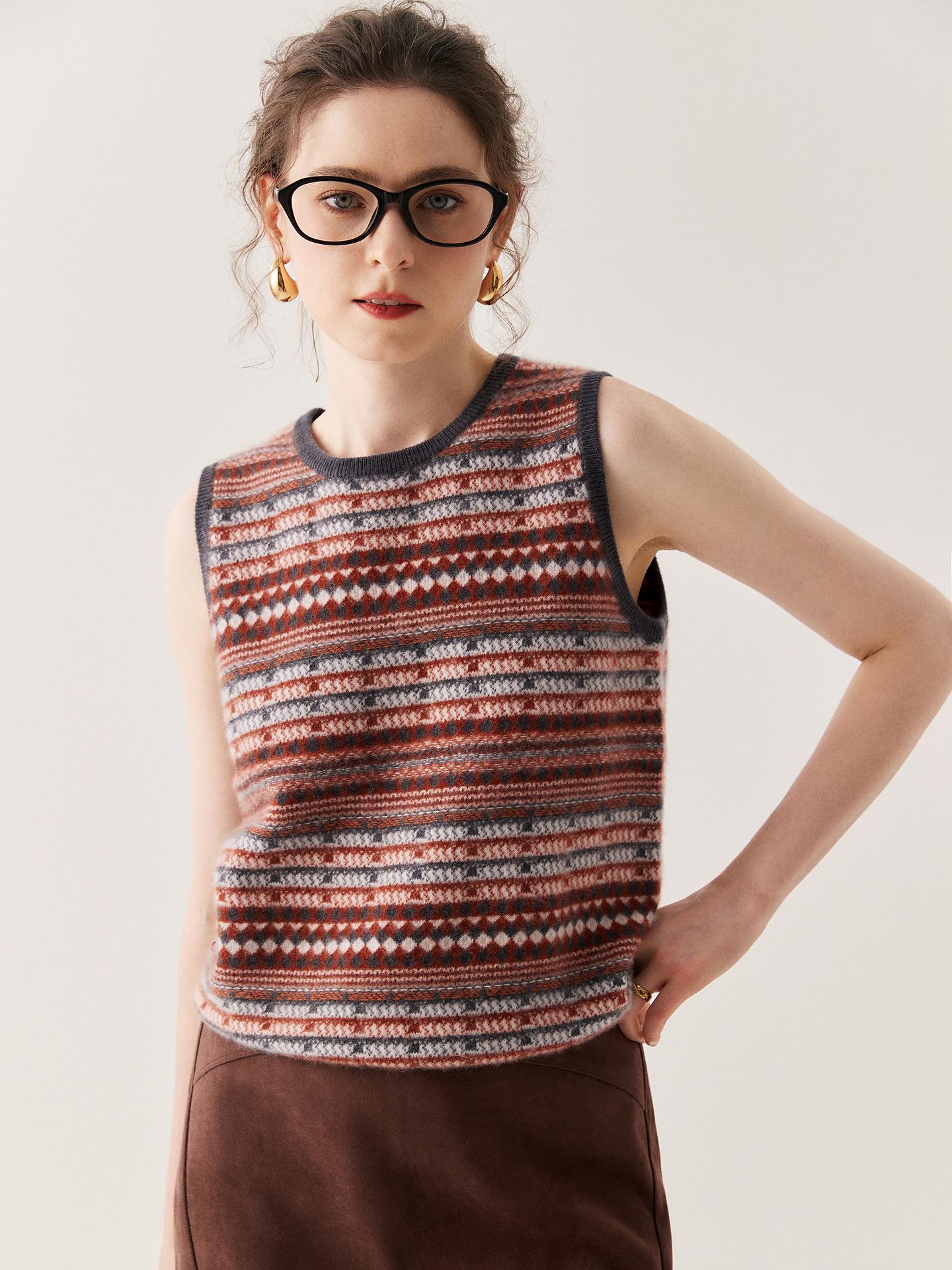 Women`s Cashmere Floral Stripe Sleeveless Vest