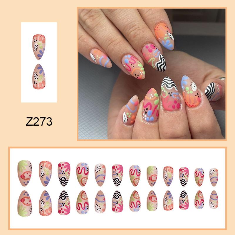 

24 шт. накладных ногтей Sweet Cool Hot Girl Almond Nail Stripe Flower French Manicure Frosted Fashion Style Wearable Manicure Tablets