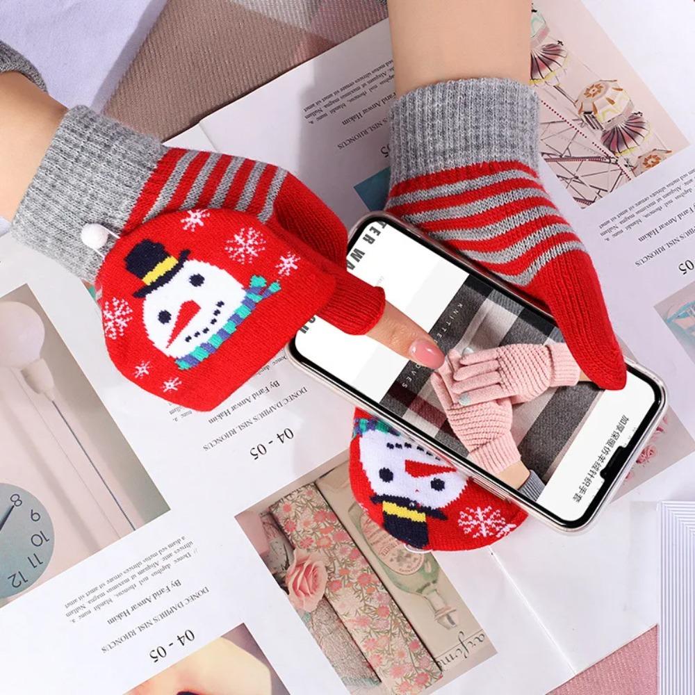 Winter Cute Girls Christmas Gloves Kids Warm Cartoon Gloves Students Fingerless Writing Gloves with Flip Cover 7-13Y